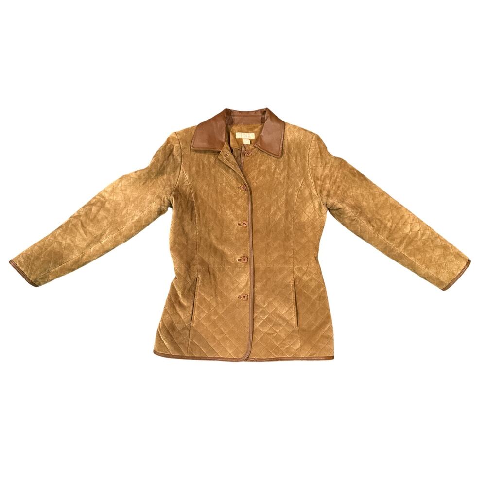 Kate Hill Genuine Leather Quilted Coat Jacket Tan Brown Button Front Women's S